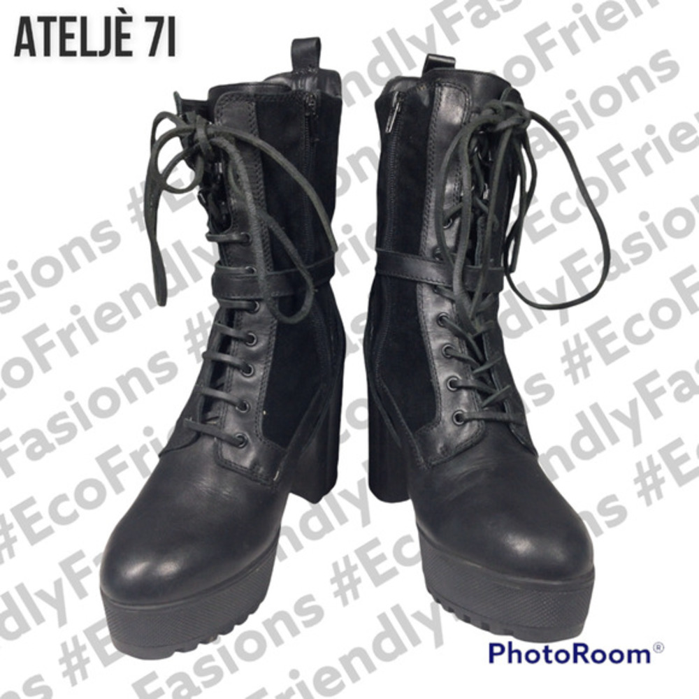 ATELJE 71 Annika Women's Black Leather Suede Platform Heel Combat Boots Size 8.5